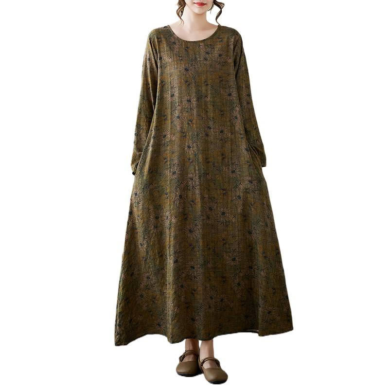 Sukienka maxi z długim rękawem z bawełny i lnu z nadrukiem w kwiaty i motywem Buddha Stones z kieszeniami - image 13