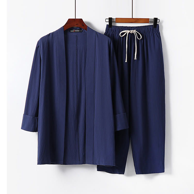 Zestaw męskich spodni do medytacji z bawełny kimono z kamieniami Buddha Stones, 2 szt., do kostek - Stalowoniebieski - US/UK/AU54, EU64 (9XL) - image 14