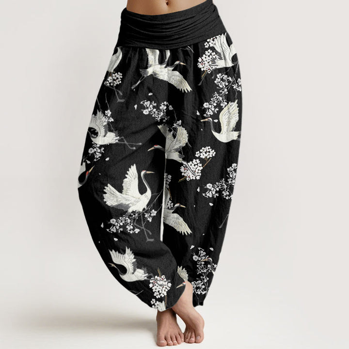 Spodnie haremowe damskie z elastyczną talią i wzorem w kwiaty żurawia w stylu casual i eleganckim z motywem kamieni Buddha Stones - Czarny - US22, UK/AU26, EU54 (6XL) - image 1