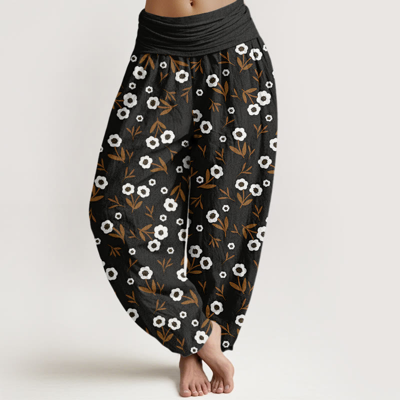 Spodnie haremowe damskie z elastyczną talią i prostym wzorem kwiatów i liści w Buddha Stones - Czarny - US22, UK/AU26, EU54 (6XL) - image 8