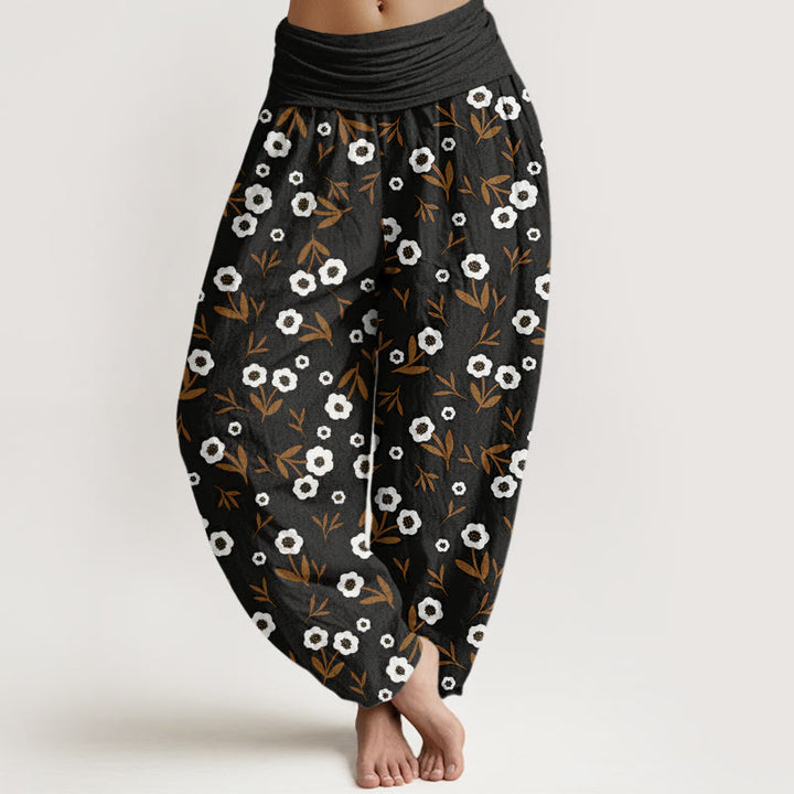 Spodnie haremowe damskie z elastyczną talią i prostym wzorem kwiatów i liści w Buddha Stones - Czarny - US22, UK/AU26, EU54 (6XL) - image 8