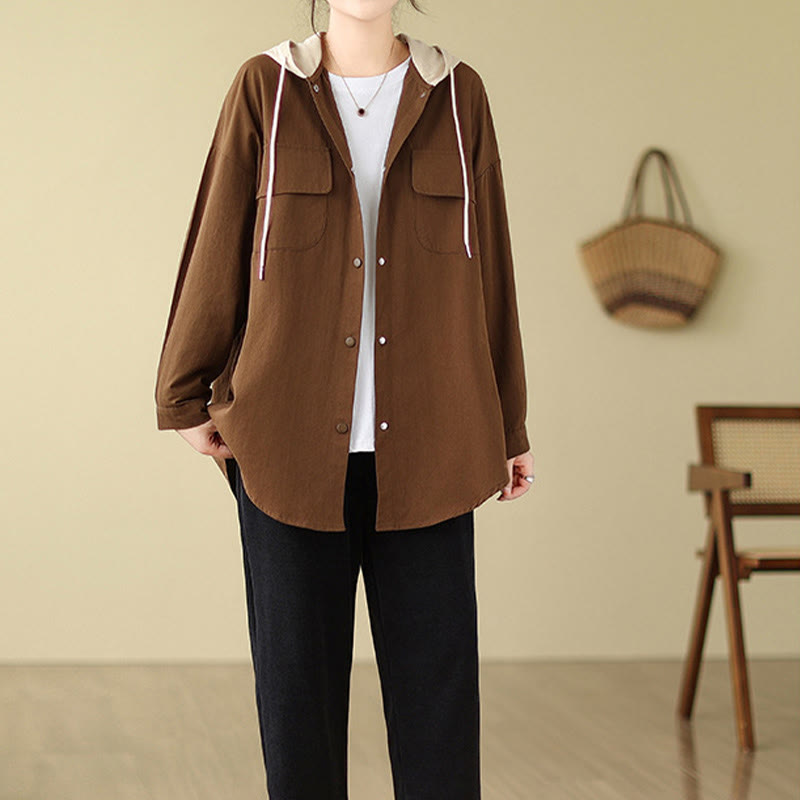 Bluza z kapturem Buddha Stones Casual Commute z ściągaczem, damska, bawełniana, lniana, z kieszeniami - image 6