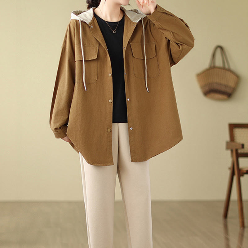 Bluza z kapturem Buddha Stones Casual Commute z ściągaczem, damska, bawełniana, lniana, z kieszeniami - image 12