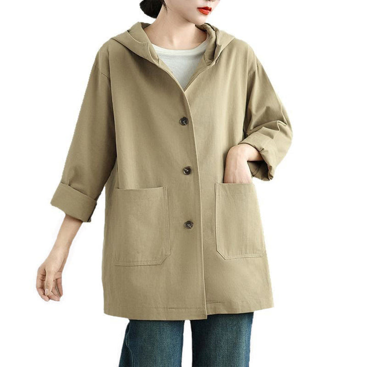 Bluza z kapturem damska z bawełny i lnu z kieszeniami z przodu "Buddha Stones Fall Vintage" - image 16