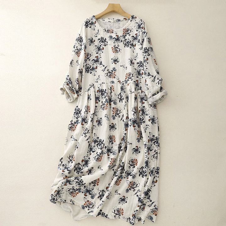 Sukienka midi z bawełny lnianej z okrągłym dekoltem i kieszeniami, z motywem Buddha Stones , w drobne kwiatowe wzory - FloralWhite - US8-10,UK/AU12-14,EU40-42 (2XL) - image 1