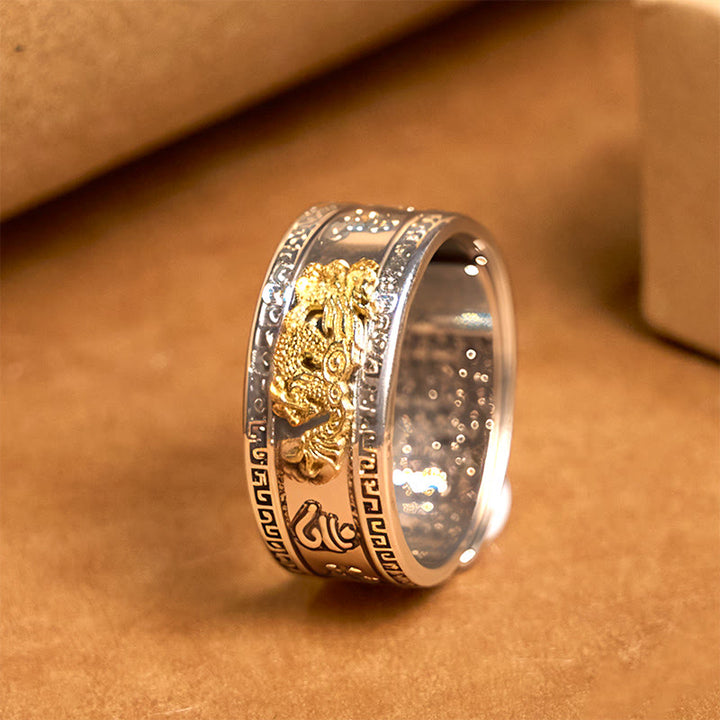 Pierścień siły z miedzi z motywem serca Sutra z Buddha Stones w kształcie smoka - Krawędź wzoru Great Wall (regulowana) - image 1