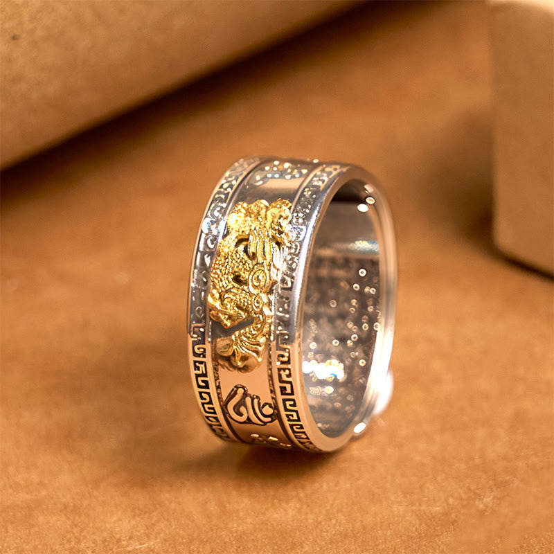 Pierścień siły z miedzi z motywem serca Sutra z Buddha Stones w kształcie smoka - Krawędź wzoru Great Wall (regulowana) - image 1