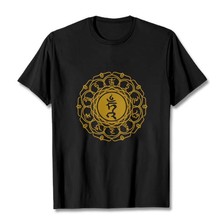 Koszulka z bawełny z motywem symbolu szumu i kamieni Buddha Stones , wzór Vishuddha - Czarny - 2XL - image 5