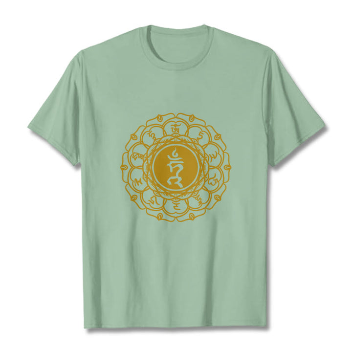 Koszulka z bawełny z motywem symbolu szumu i kamieni Buddha Stones , wzór Vishuddha - PaleGreen - 2XL - image 15