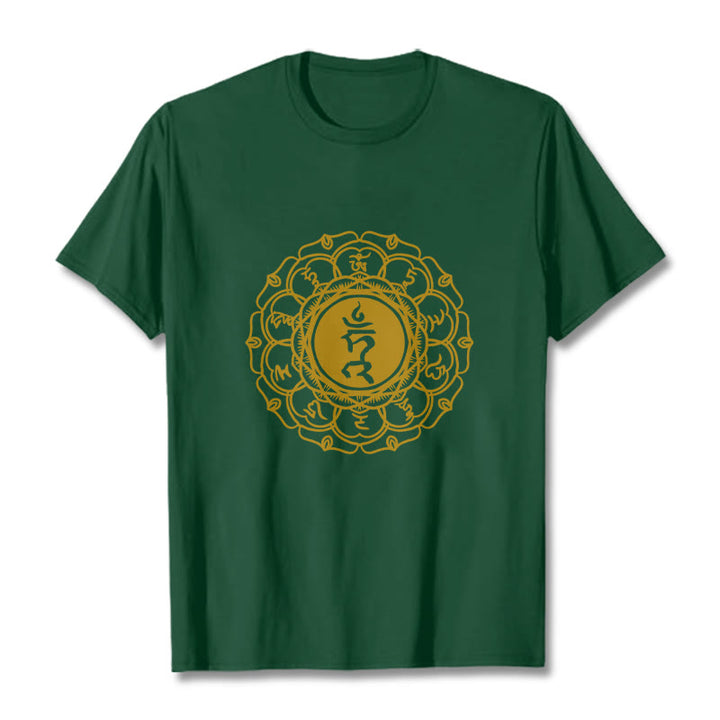 Koszulka z bawełny z motywem symbolu szumu i kamieni Buddha Stones , wzór Vishuddha - ForestGreen - 2XL - image 11