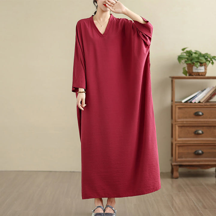Sukienka maxi z długim rękawem z bawełny i lnu Buddha Stones w jednolitym kolorze, w stylu retro, z kieszeniami - Karmazynowy - US4-12, UK/AU8-18, EU36-46(F) - image 31