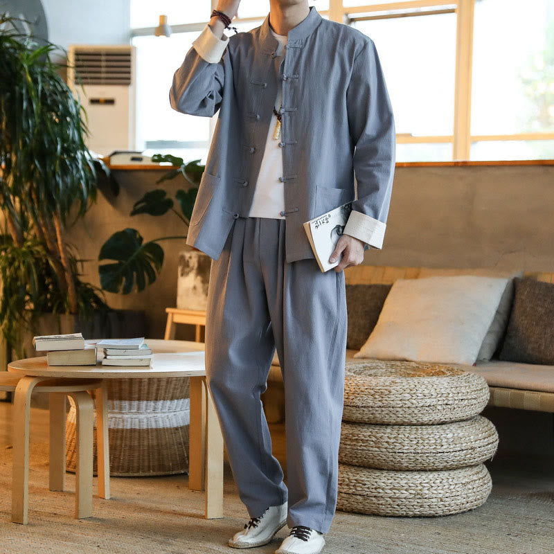 Buddha Stones 2 szt. Zen Tang Suit męski zestaw koszul z długim rękawem i kieszeniami zapinany na guziki żaby - image 1