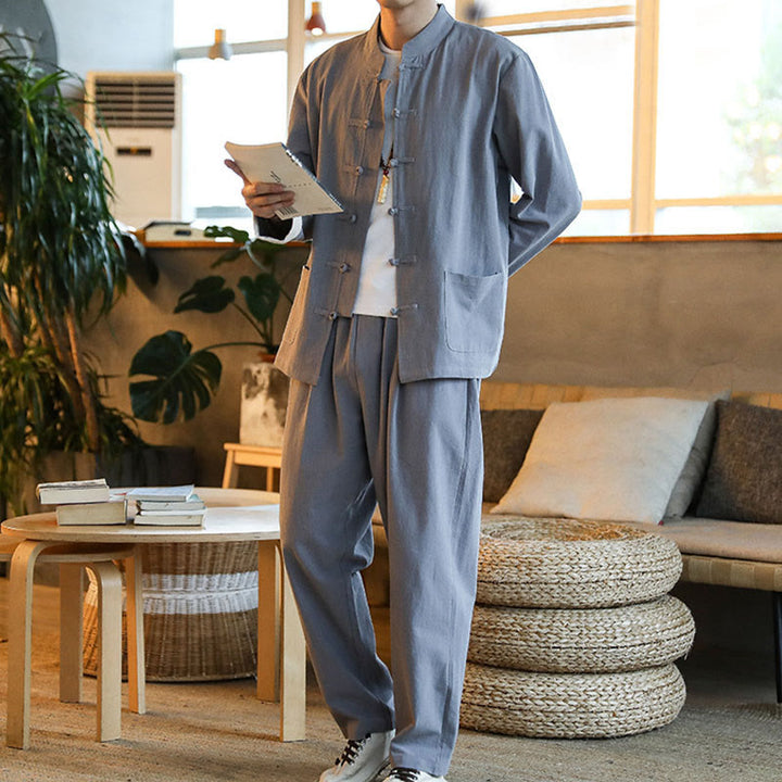 Buddha Stones 2 szt. Zen Tang Suit męski zestaw koszul z długim rękawem i kieszeniami zapinany na guziki żaby - image 2