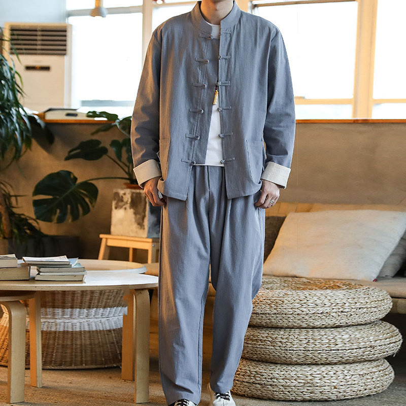 Buddha Stones 2 szt. Zen Tang Suit męski zestaw koszul z długim rękawem i kieszeniami zapinany na guziki żaby - image 7