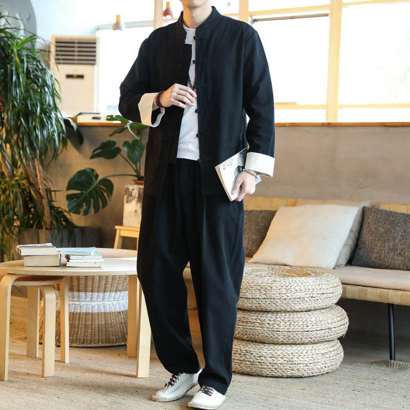 Buddha Stones 2 szt. Zen Tang Suit męski zestaw koszul z długim rękawem i kieszeniami zapinany na guziki żaby - Czarny - US/UK/AU44,EU54 (5XL) - image 15