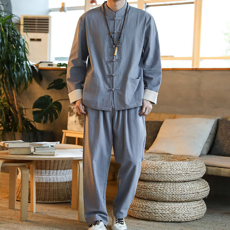 Buddha Stones 2 szt. Zen Tang Suit męski zestaw koszul z długim rękawem i kieszeniami zapinany na guziki żaby - image 3