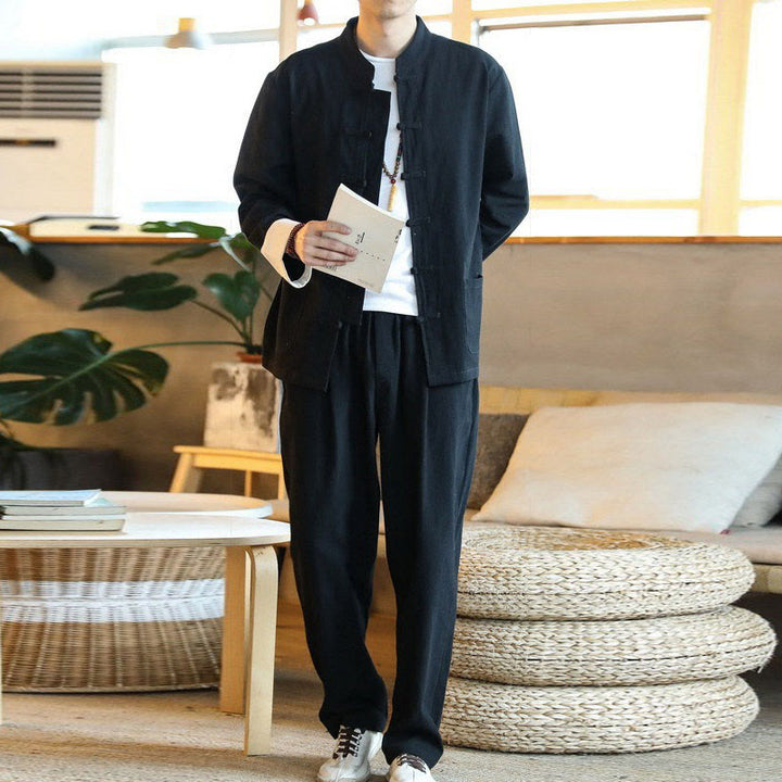 Buddha Stones 2 szt. Zen Tang Suit męski zestaw koszul z długim rękawem i kieszeniami zapinany na guziki żaby - image 19