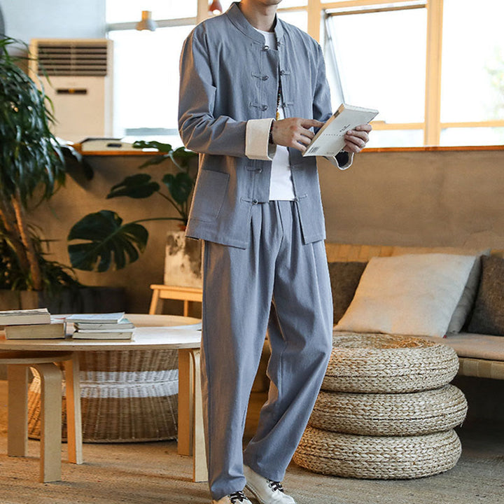 Buddha Stones 2 szt. Zen Tang Suit męski zestaw koszul z długim rękawem i kieszeniami zapinany na guziki żaby - image 8