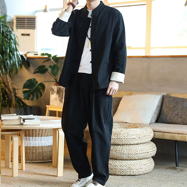 Buddha Stones 2 szt. Zen Tang Suit męski zestaw koszul z długim rękawem i kieszeniami zapinany na guziki żaby - image 17