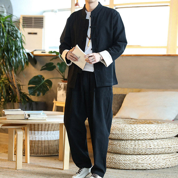 Buddha Stones 2 szt. Zen Tang Suit męski zestaw koszul z długim rękawem i kieszeniami zapinany na guziki żaby - image 21