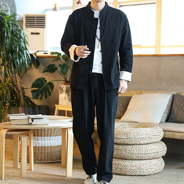 Buddha Stones 2 szt. Zen Tang Suit męski zestaw koszul z długim rękawem i kieszeniami zapinany na guziki żaby - image 16