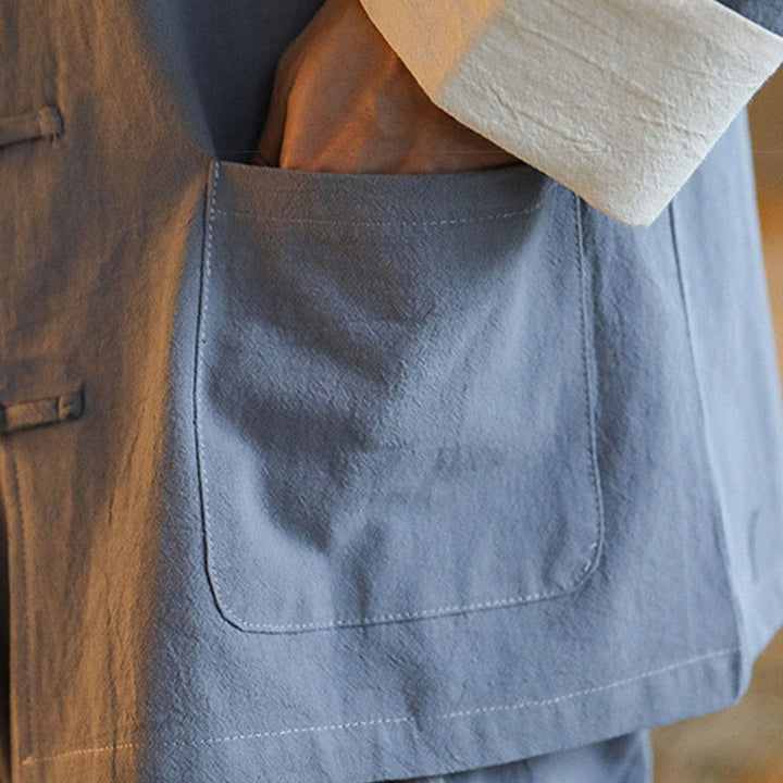 Buddha Stones 2 szt. Zen Tang Suit męski zestaw koszul z długim rękawem i kieszeniami zapinany na guziki żaby - image 11