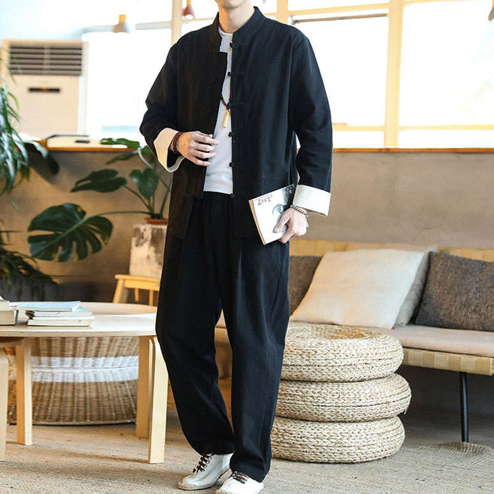 Buddha Stones 2 szt. Zen Tang Suit męski zestaw koszul z długim rękawem i kieszeniami zapinany na guziki żaby - image 20