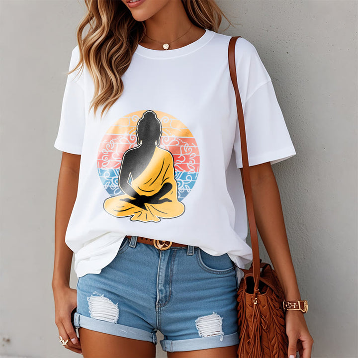 Koszulka z nadrukiem "Buddha Stones" z motywem medytującego Buddy w swobodnym, kolorowym kolorze - image 8