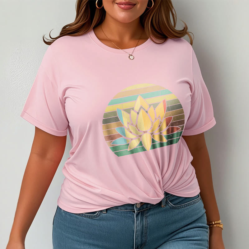 Koszulka z nadrukiem "Buddha Stones" w stylu casual retro w paski z motywem kwiatu lotosu - image 14