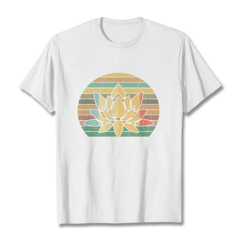 Koszulka z nadrukiem "Buddha Stones" w stylu casual retro w paski z motywem kwiatu lotosu - Biały - 2XL - image 6
