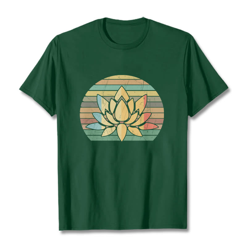 Koszulka z nadrukiem "Buddha Stones" w stylu casual retro w paski z motywem kwiatu lotosu - ForestGreen - 2XL - image 11