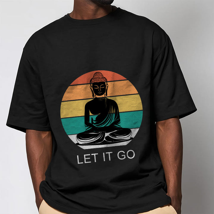 Koszulka z nadrukiem "Buddha Stones" w paski, swobodna, kolorowa, z motywem medytującego Buddy - image 5