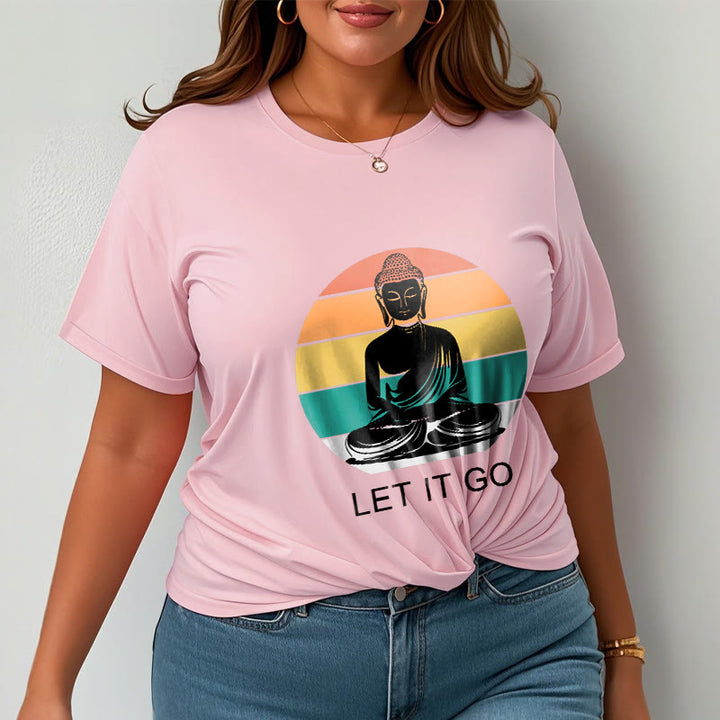 Koszulka z nadrukiem "Buddha Stones" w paski, swobodna, kolorowa, z motywem medytującego Buddy - image 14