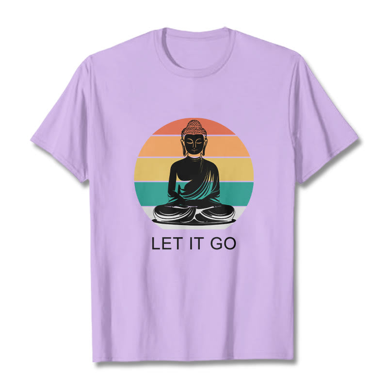 Koszulka z nadrukiem "Buddha Stones" w paski, swobodna, kolorowa, z motywem medytującego Buddy - Śliwka - 2XL - image 17