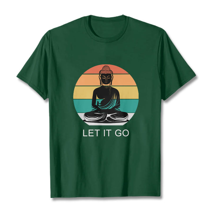 Koszulka z nadrukiem "Buddha Stones" w paski, swobodna, kolorowa, z motywem medytującego Buddy - ForestGreen - 2XL - image 1