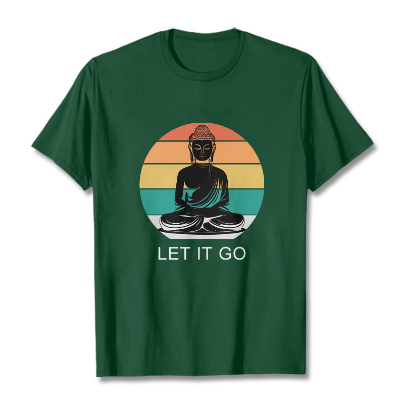 Koszulka z nadrukiem "Buddha Stones" w paski, swobodna, kolorowa, z motywem medytującego Buddy - ForestGreen - 2XL - image 1