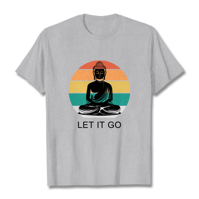 Koszulka z nadrukiem "Buddha Stones" w paski, swobodna, kolorowa, z motywem medytującego Buddy - Jasnoszary - 2XL - image 20