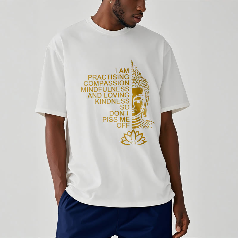 Koszulka z nadrukiem Buddha Stones Casual Golden Side Budda Lotus Flower Pattern Cotton Tee - image 2