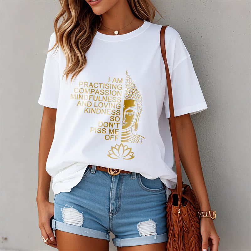 Koszulka z nadrukiem Buddha Stones Casual Golden Side Budda Lotus Flower Pattern Cotton Tee - image 3