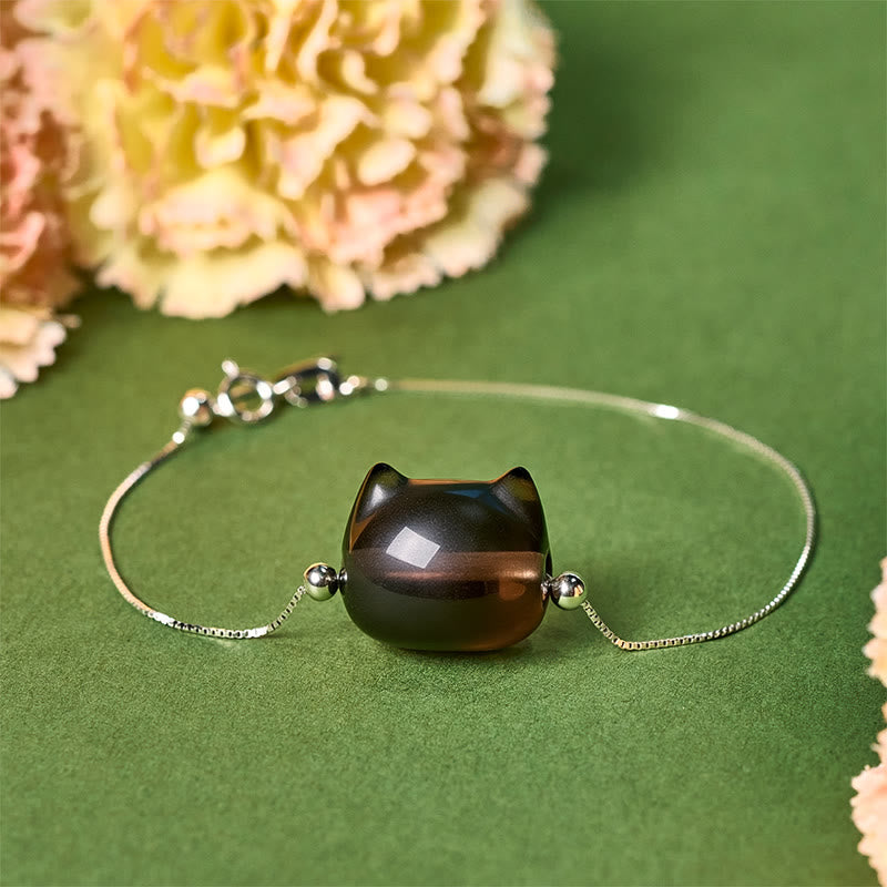 Bransoletka z Buddha Stones ze srebra próby 925 z naturalnym obsydianem lodowym i kotem - 18-22 cm - image 0