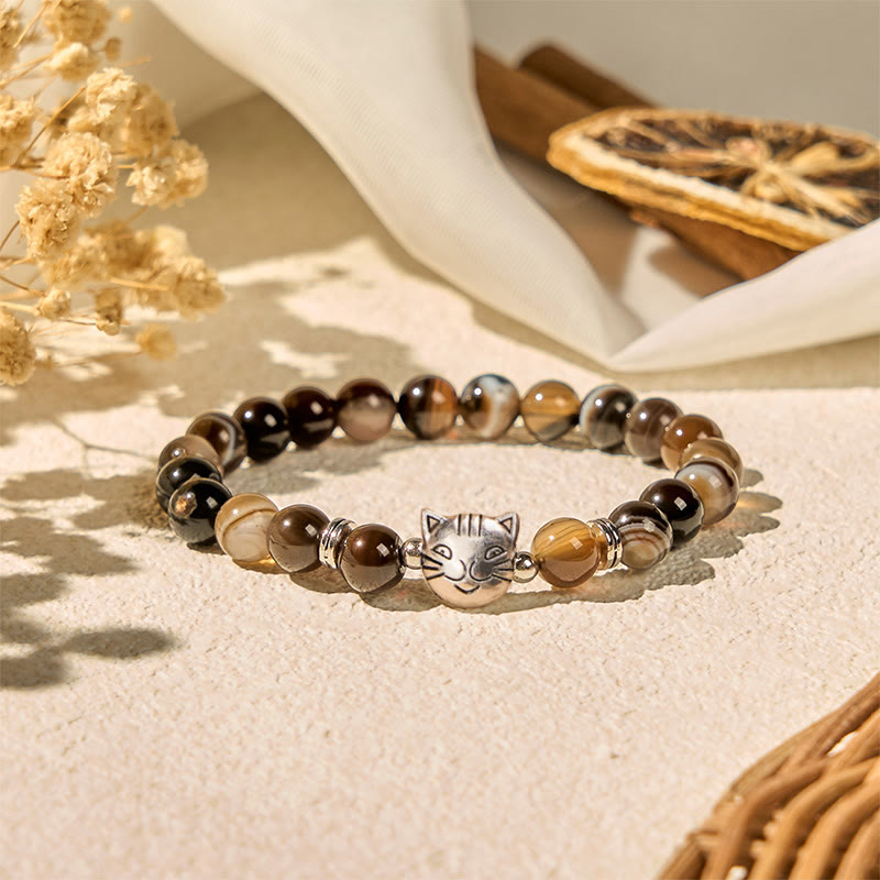 Bransoletka stabilizująca z koralików agatu w kolorze czekoladowym i z kotem syjamskim - image 4