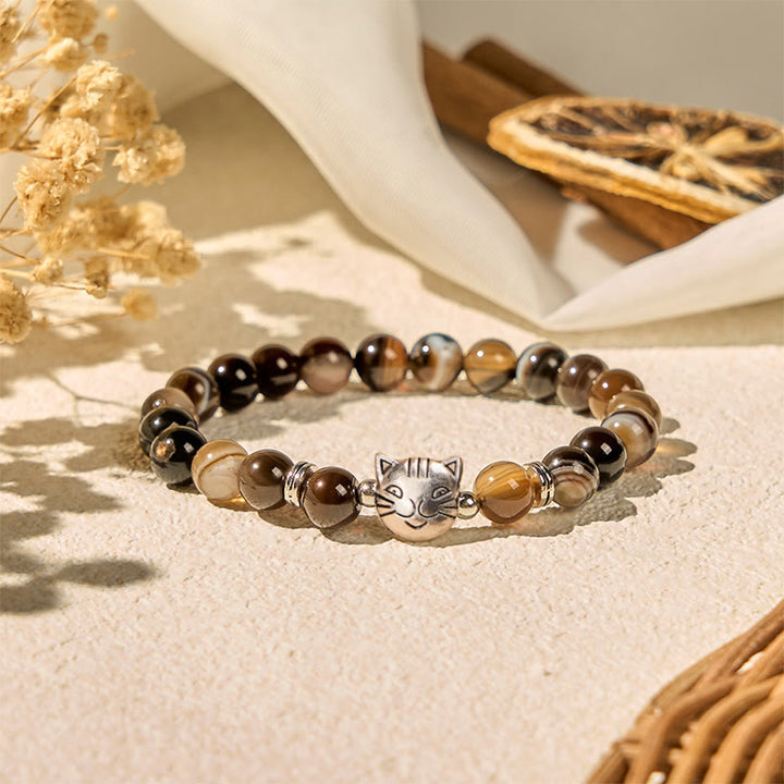 Bransoletka stabilizująca z koralików agatu w kolorze czekoladowym i z kotem syjamskim - image 4