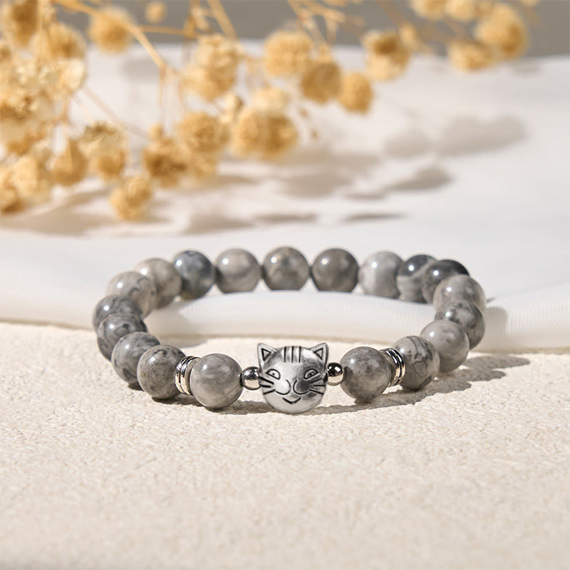 Bransoletka lecznicza z koralików z naturalnego szarego jaspisu z Buddha Stones , słodki kotek - image 1