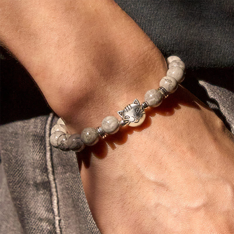 Bransoletka lecznicza z koralików z naturalnego szarego jaspisu z Buddha Stones , słodki kotek - image 6
