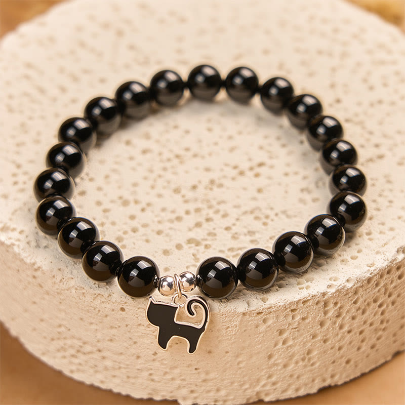 Bransoletka ochronna z naturalnego czarnego onyksu z zawieszką w kształcie kociaka ze srebra próby 925 i Buddha Stones - image 3