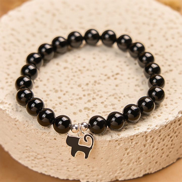 Bransoletka ochronna z naturalnego czarnego onyksu z zawieszką w kształcie kociaka ze srebra próby 925 i Buddha Stones - image 3