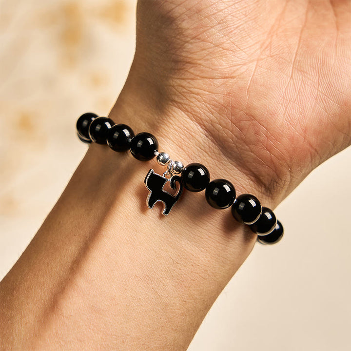 Bransoletka ochronna z naturalnego czarnego onyksu z zawieszką w kształcie kociaka ze srebra próby 925 i Buddha Stones - image 4
