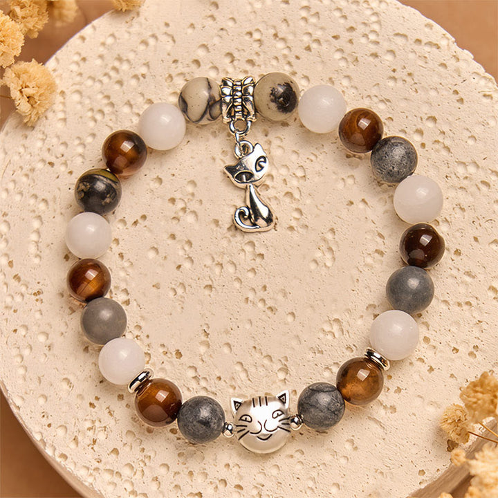 Bransoletka z Buddha Stones , trójkolorowy kot, czarny jaspis z żyłkami, brązowy agat w paski, chalcedon - image 2