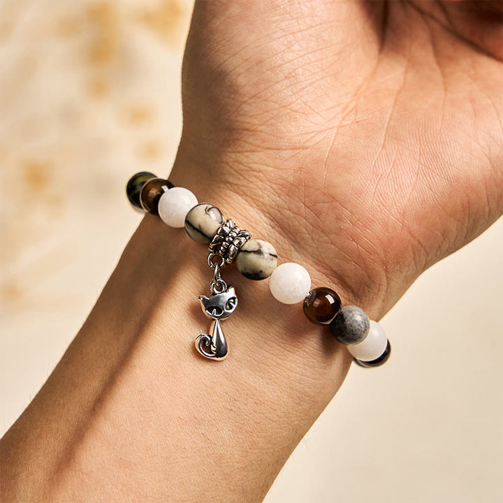 Bransoletka z Buddha Stones , trójkolorowy kot, czarny jaspis z żyłkami, brązowy agat w paski, chalcedon - image 4