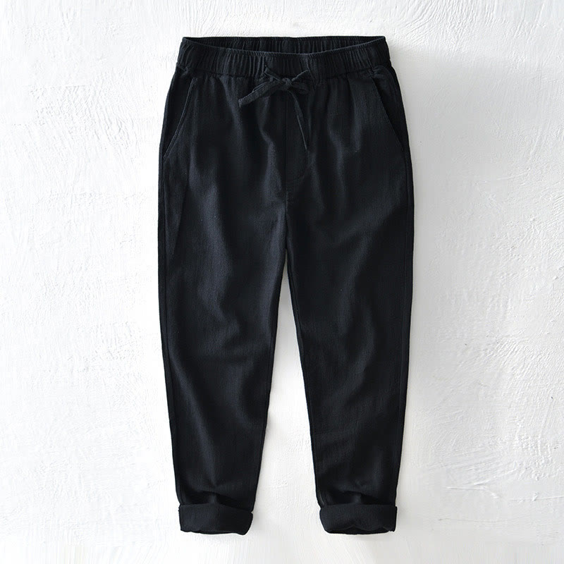 Buddha Stones Casual Jednolity Kolor Prosty Design Ściągacz Ramie Lniane Męskie Spodnie Z Kieszeniami - Czarny - US/UK/AU44, EU54 (4XL) - image 13